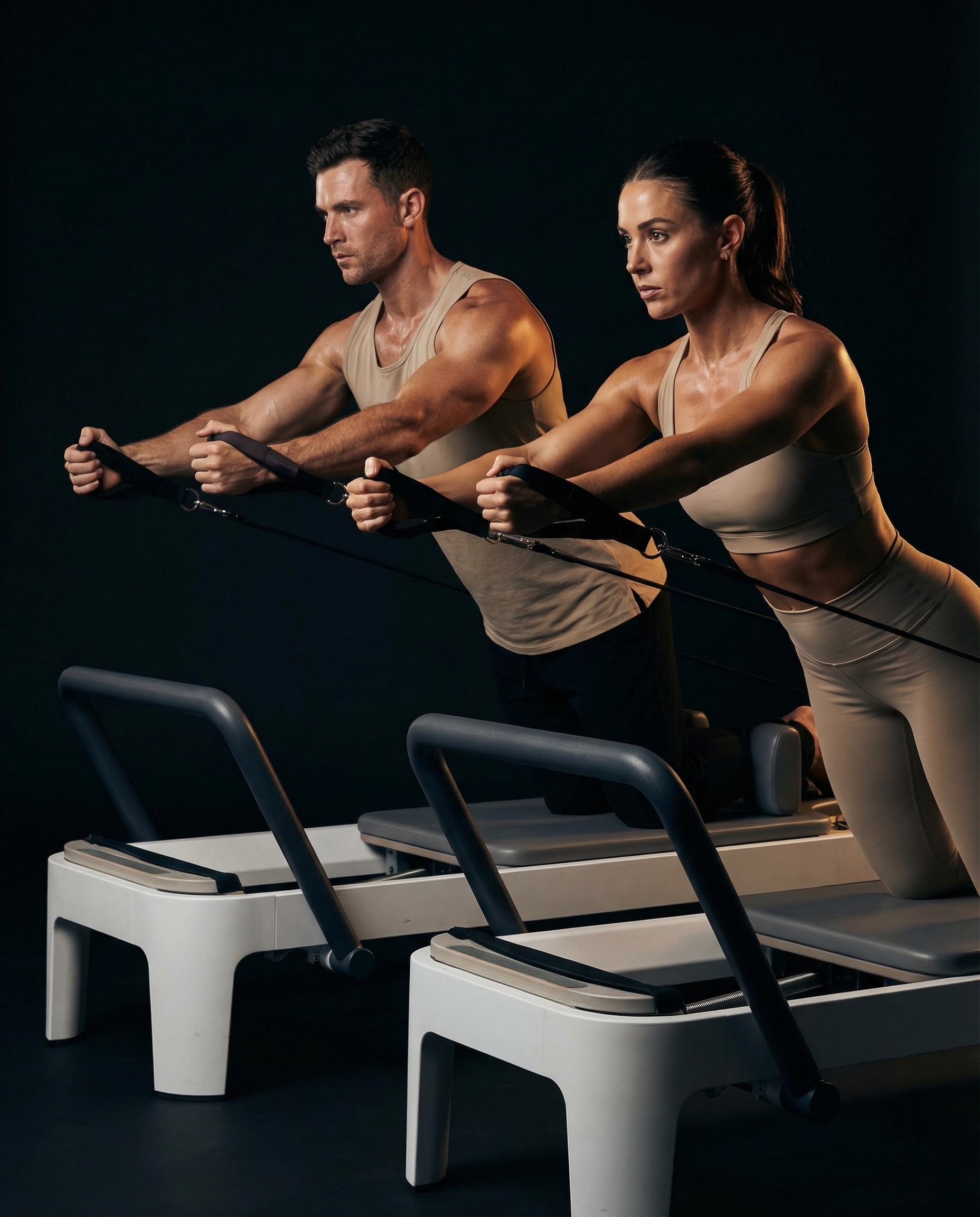 Man en vrouw trainen samen op Reformer Pilates machines